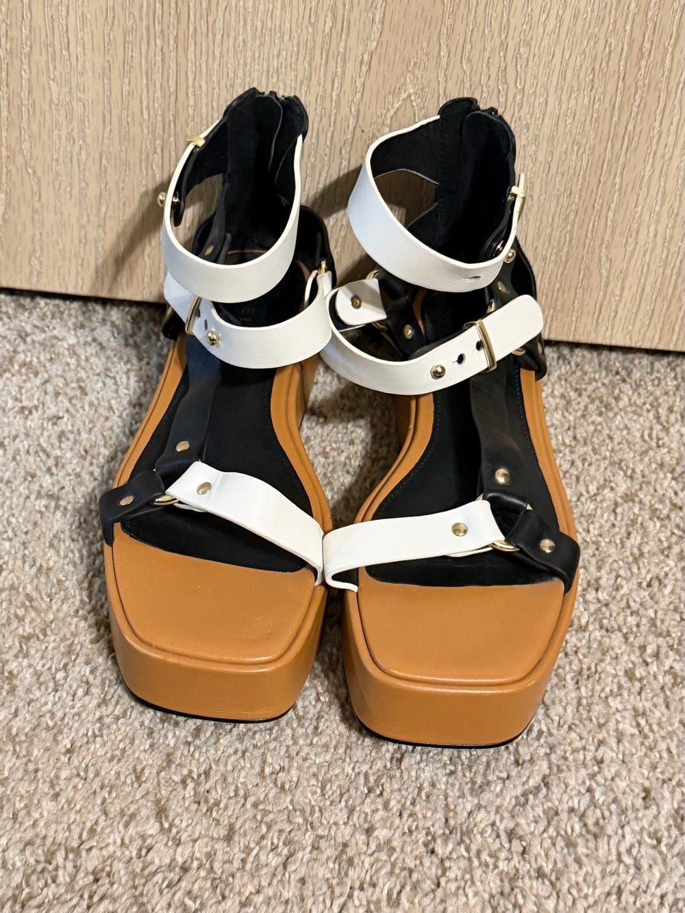 CECELIA NEW YORK White and Tan Platform Gladiator Sandals with Gold Accents